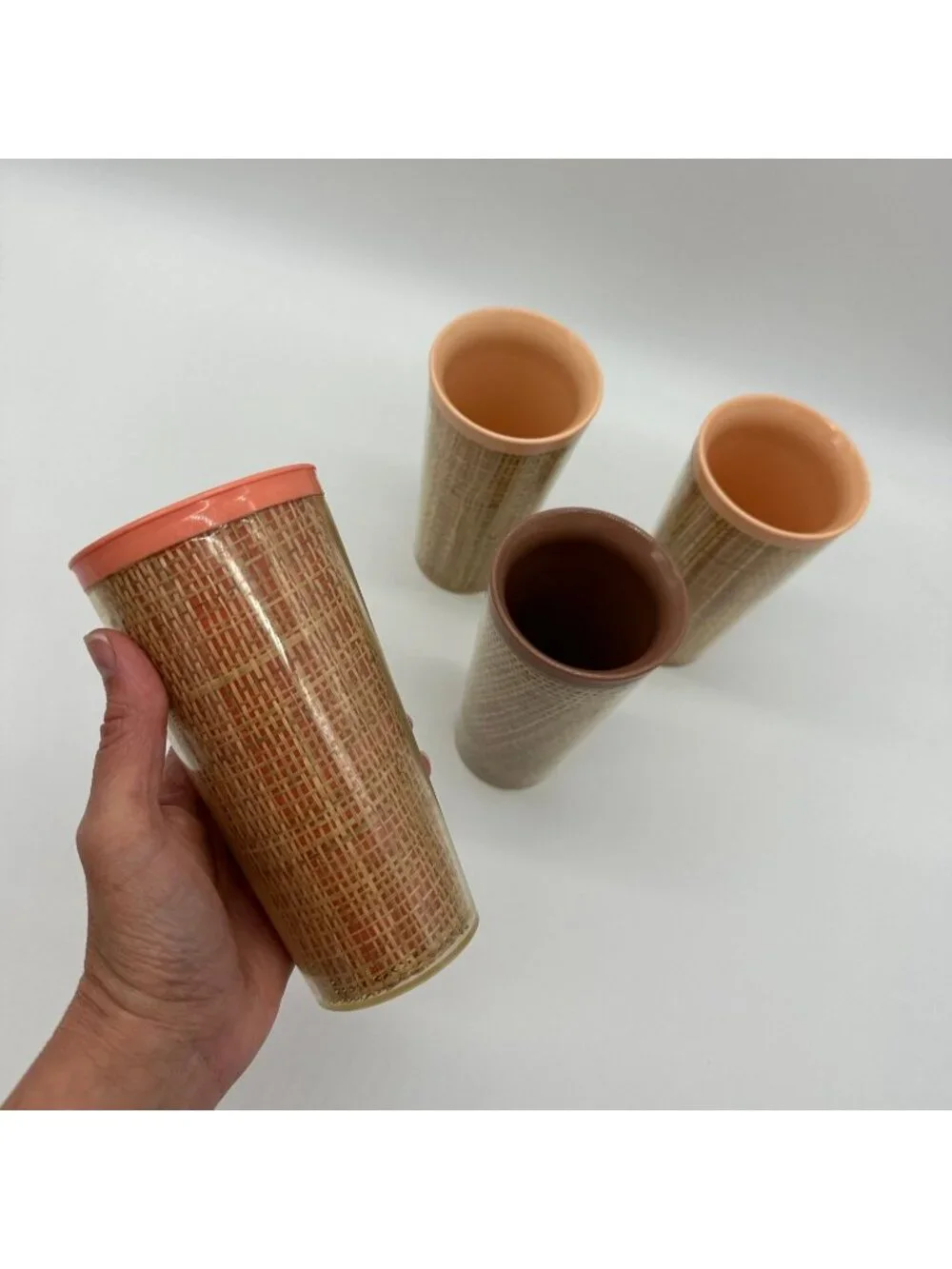 Vintage Tumblers Raffiaware Melamine Thermo Temp Cups Set Of 4 USA Mid Century